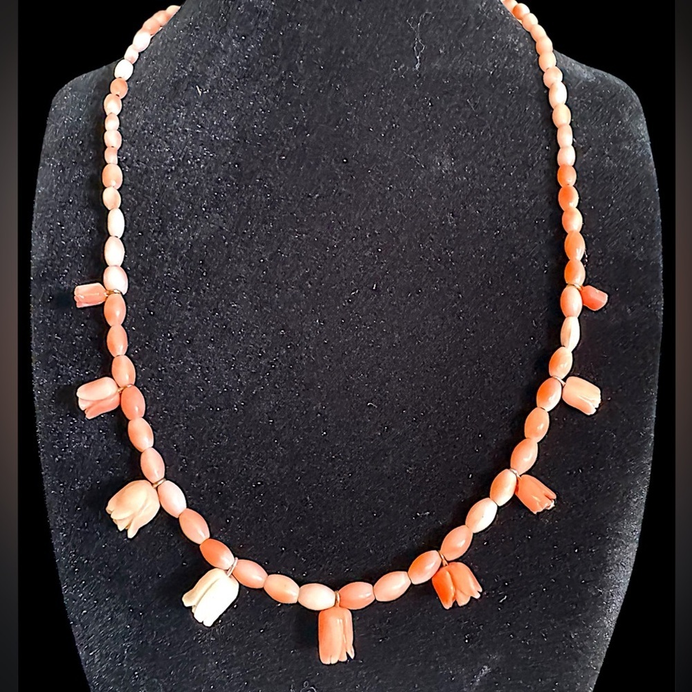 Art Deco Gold Filled Filigree Clasp Angel Skin Coral Roses Bead Necklace